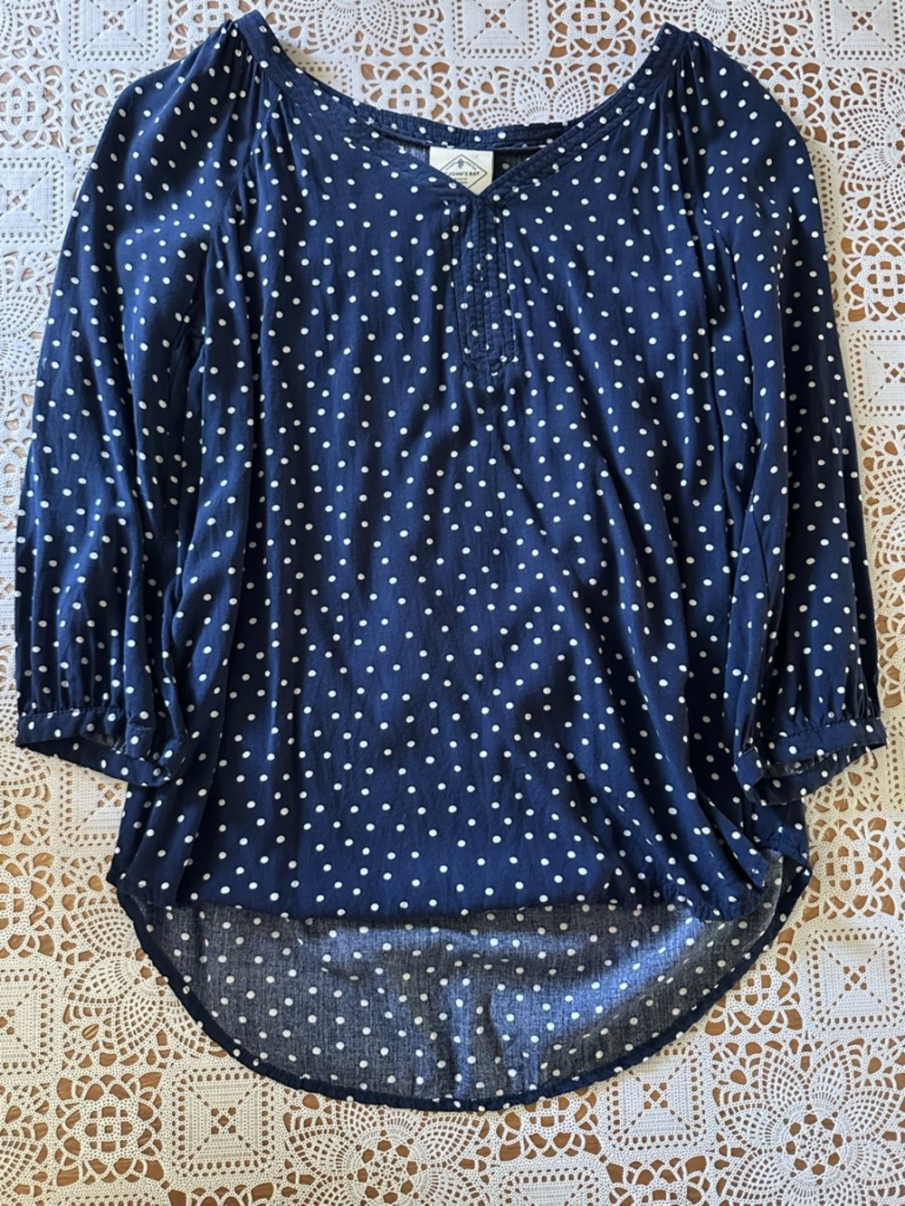 St. John's Bay Navy and White Polka Dot 3/4 Sleeve Blouse